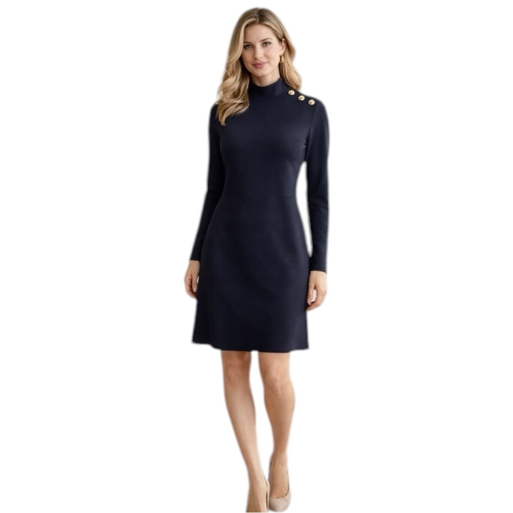 Zara Woman Navy Blue Dress Gold Button Shoulder Size L Elegant